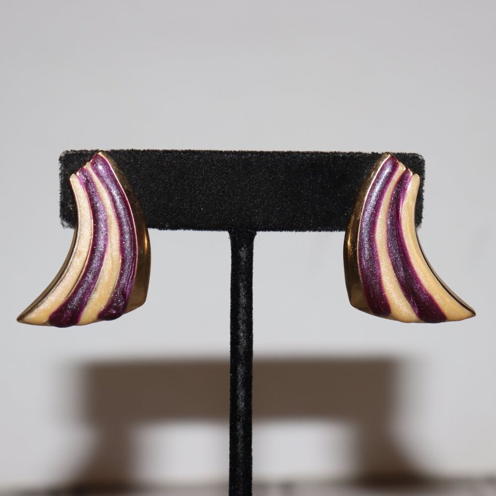 💛🤍💜 Retro Gold, Cream & Purple Post Earrings · 1 1/8" Tall · vibrant vintage